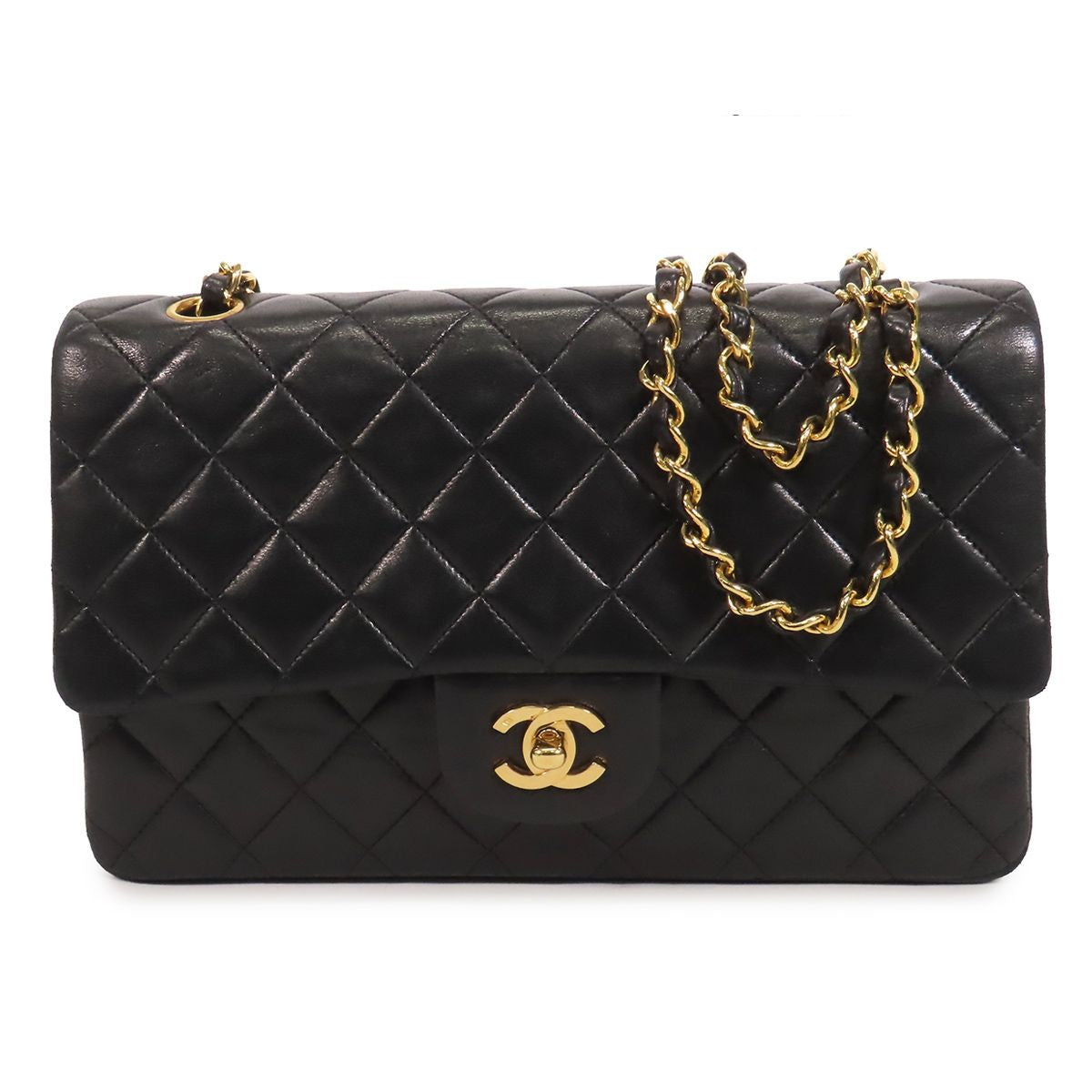 Chanel Chain Black Gold Lambskin Quilted 25 Double Flap Shoulder Bag Vintage