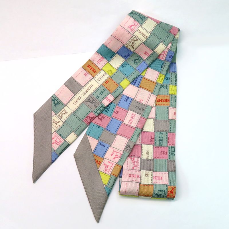 Hermes Twilly Bolduc Check Scarf Gray Multicolor 100% Silk — view 3