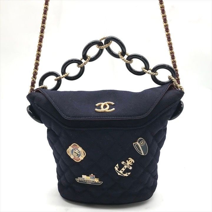 Chanel CC Logo Cotton Jersey Quilted Paris Hamburg 2-Way Chain Shoulder Bag Navy