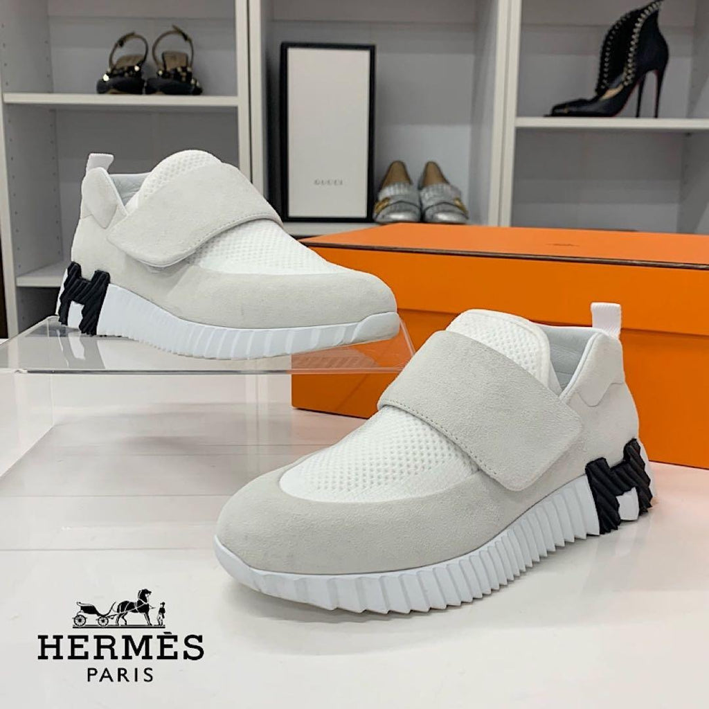 Hermes H Suede Fabric Velcro Sneakers White