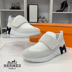 Hermes H Suede Fabric Velcro Sneakers White