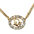 Christian Dior Necklace CD Logo Metal Rhinestone Gold Plated GP Accessories