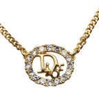 Christian Dior Necklace CD Logo Metal Rhinestone Gold Plated GP Accessories