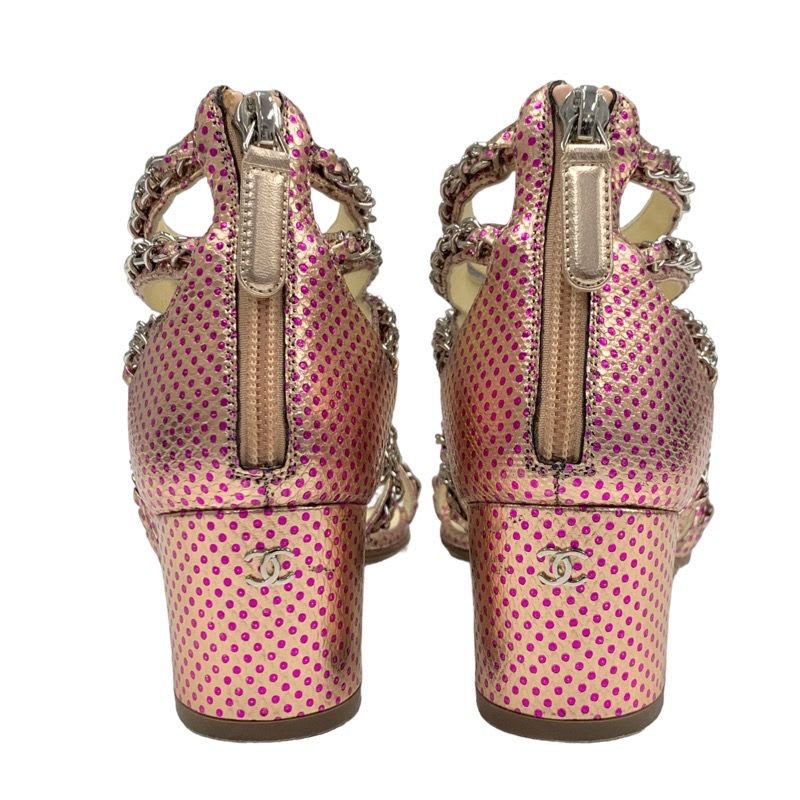 Chanel Sandals Shoes Leather Pink Silver Coco Mark Chain Dot Metallic — view 5