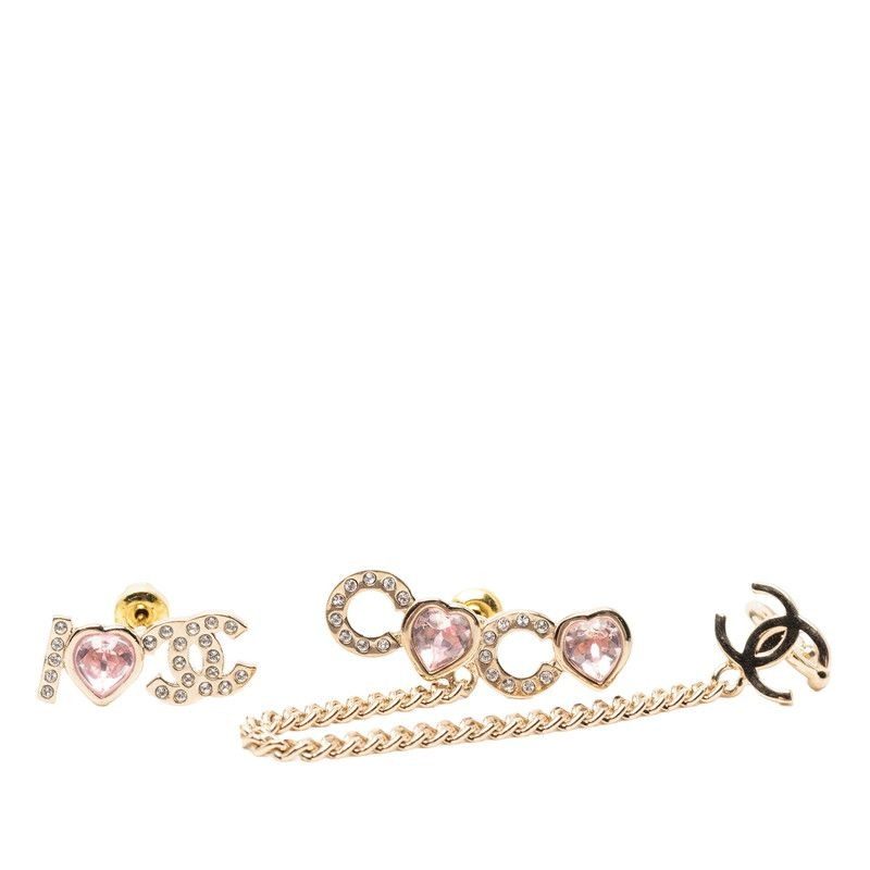 Chanel I Love CC Logo Heart Rhinestone Earrings Gold Pink Plated