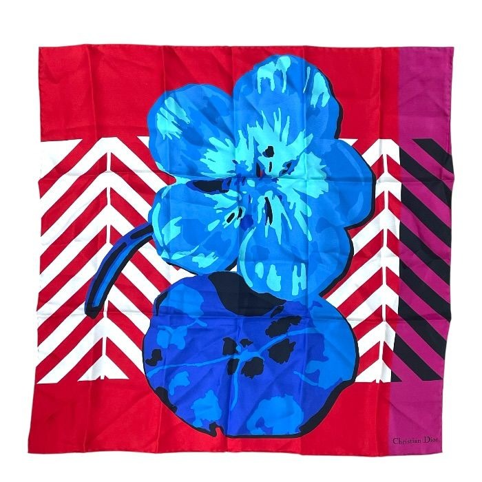 Dior D-flower Pop Scarf Shawl Floral Red Blue Silk