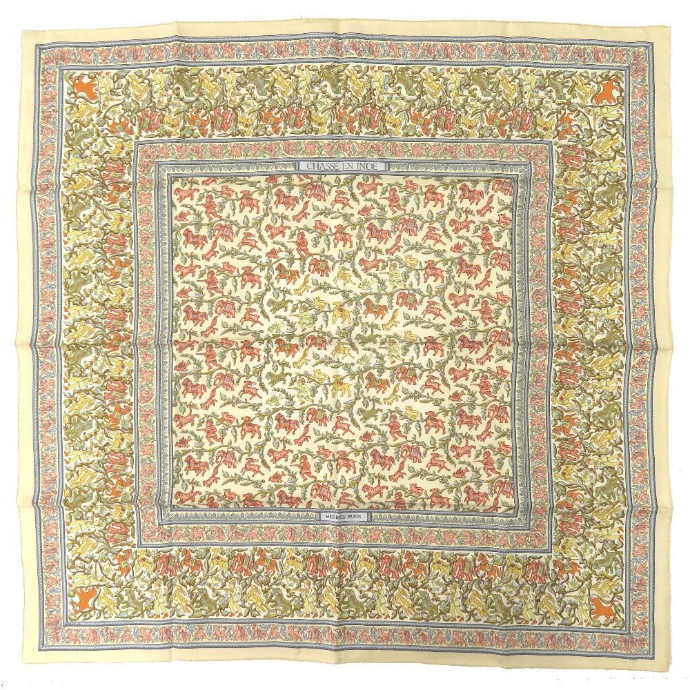 Hermes Carre 90 Indian Hunting Chasse en Inde Scarf Silk Ivory Yellow Light Blue