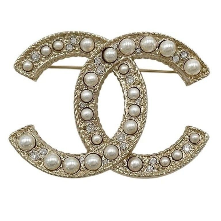 Chanel Brooch CC Logo Gold Pearl Rhinestone