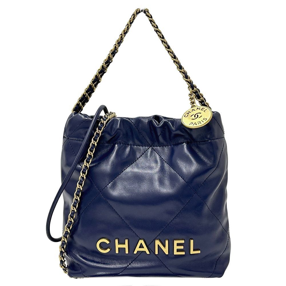Chanel 2-Way Shoulder Bag 22 Leather Navy Gold Chain