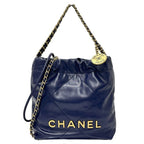Chanel 2-Way Shoulder Bag 22 Leather Navy Gold Chain