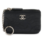 Chanel Camellia Coco Mark Coin Case Purse Lambskin Leather Black Silver