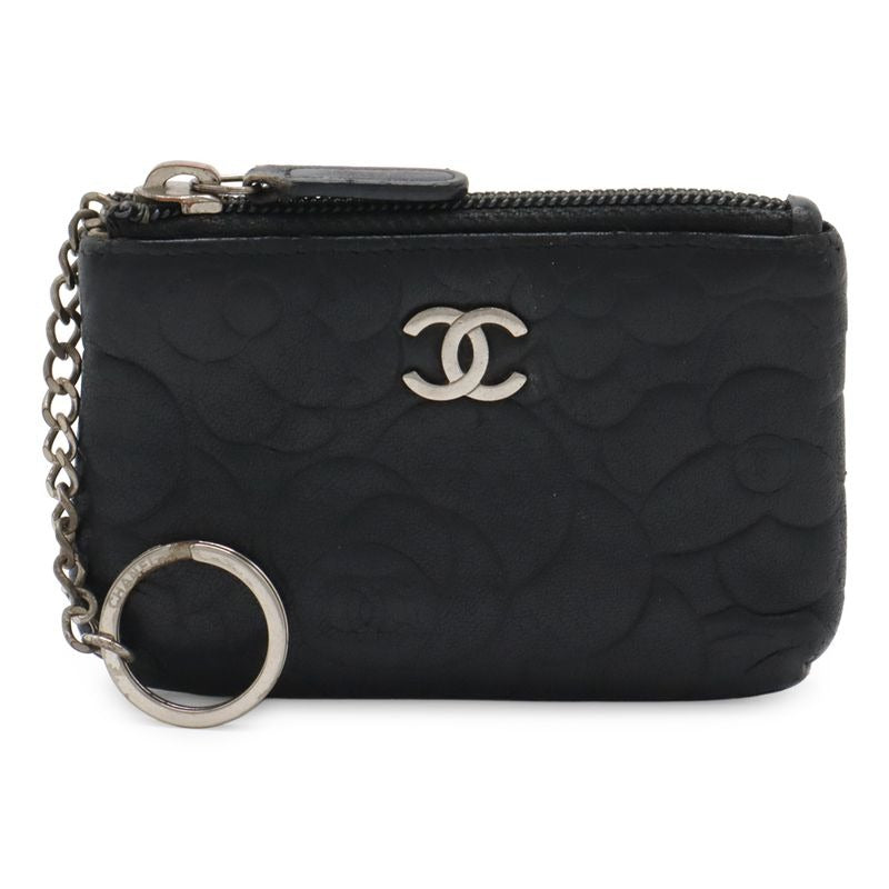 Chanel Camellia Coco Mark Coin Case Purse Lambskin Leather Black Silver