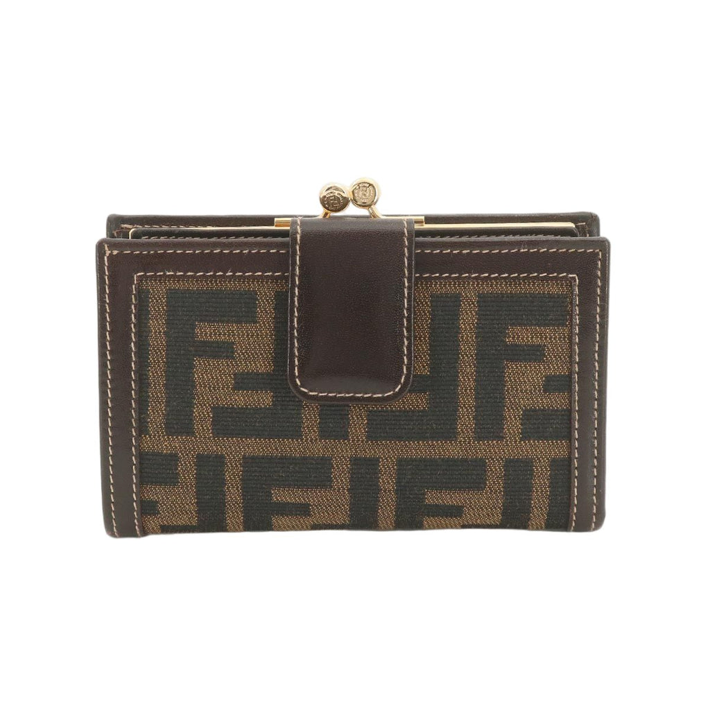 Fendi Zucca Kiss Lock Bifold Wallet Canvas Leather Brown Black 079 Gold