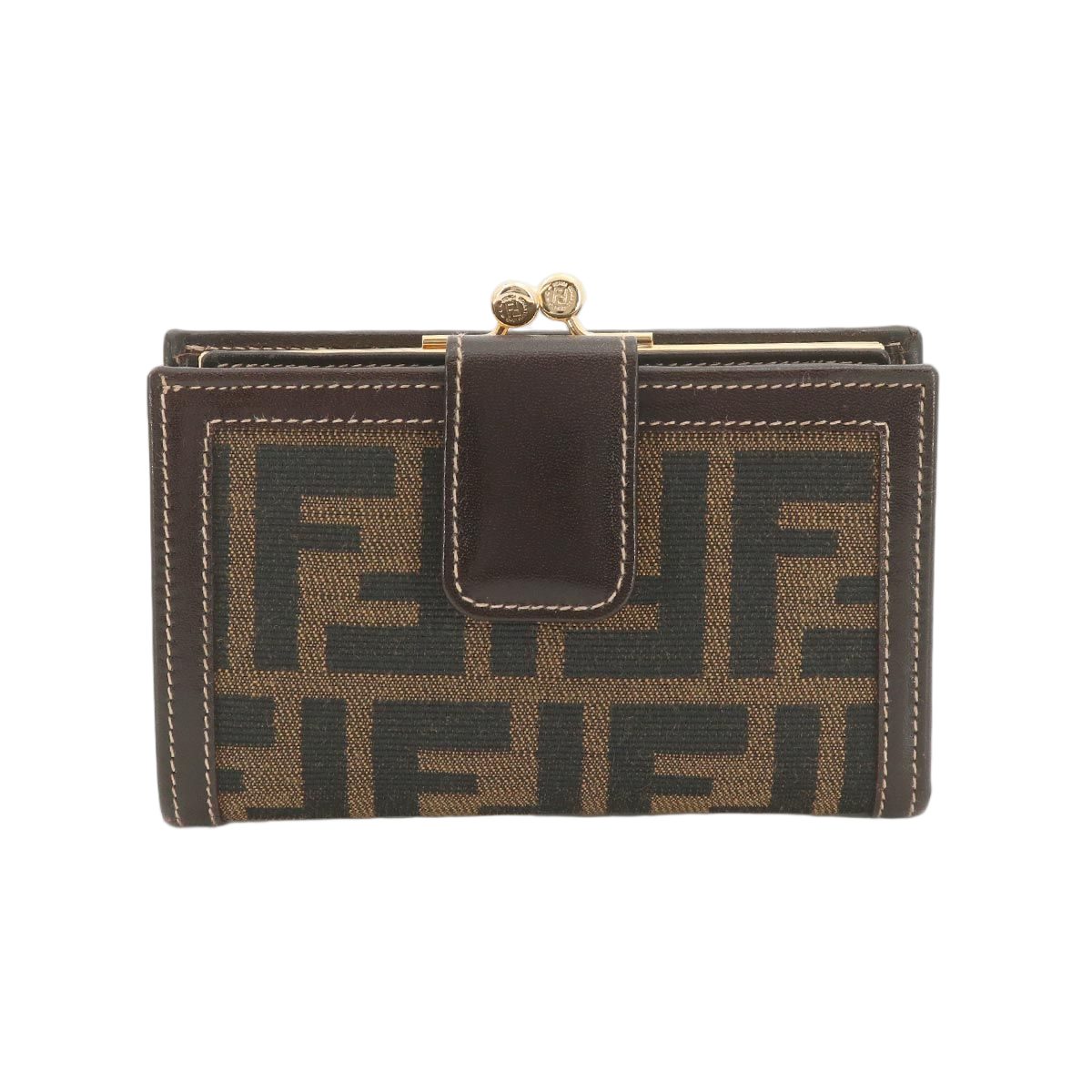 Fendi Zucca Kiss Lock Bifold Wallet Canvas Leather Brown Black 079 Gold