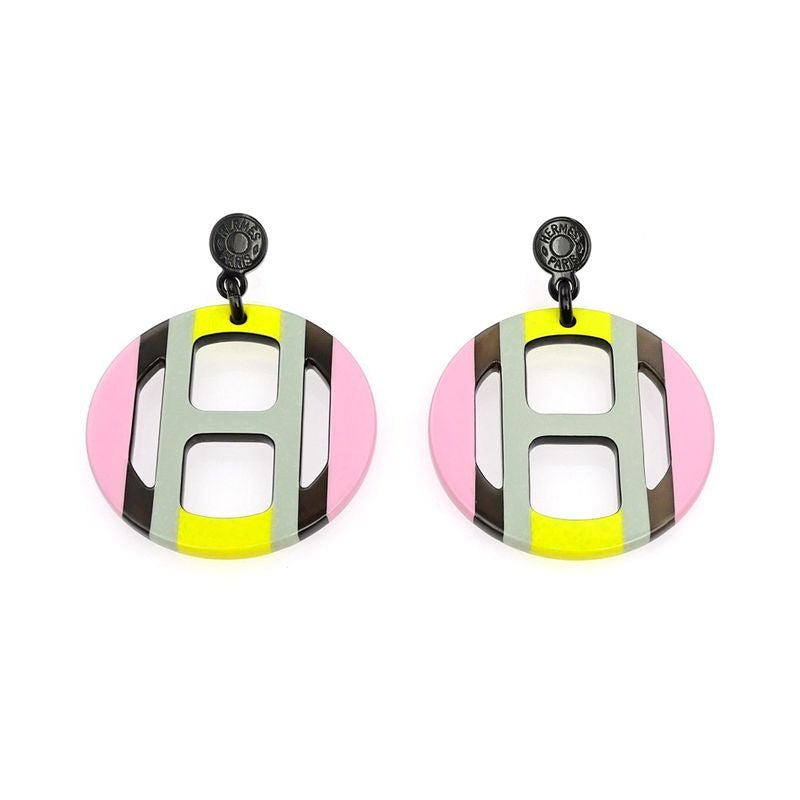 Hermes Earrings H Equipe Buffalo Horn Pair Multicolor Pink Gray Yellow — view 2