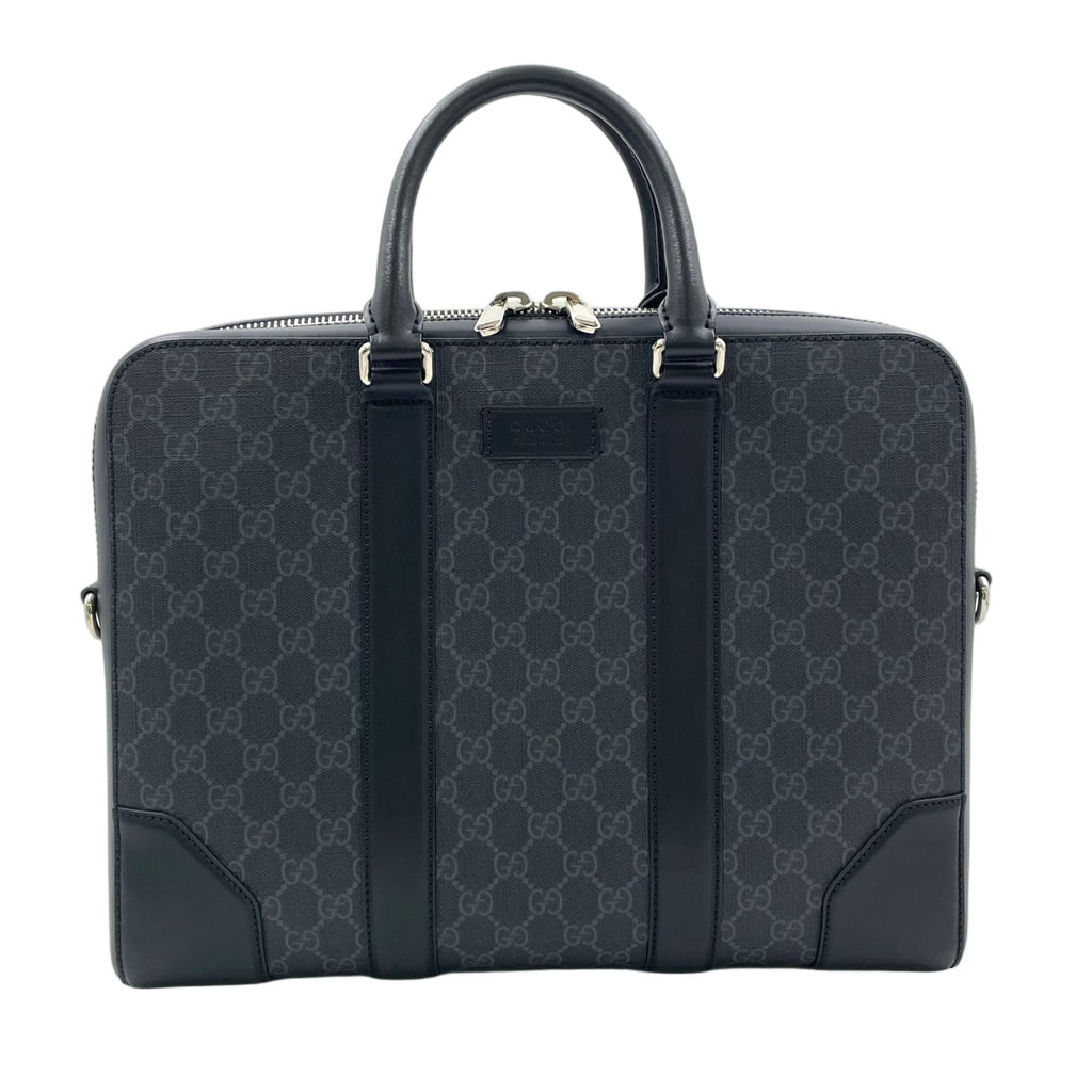 Gucci GG Supreme Shoulder Strap Leather Gray Black Business Bag Silver