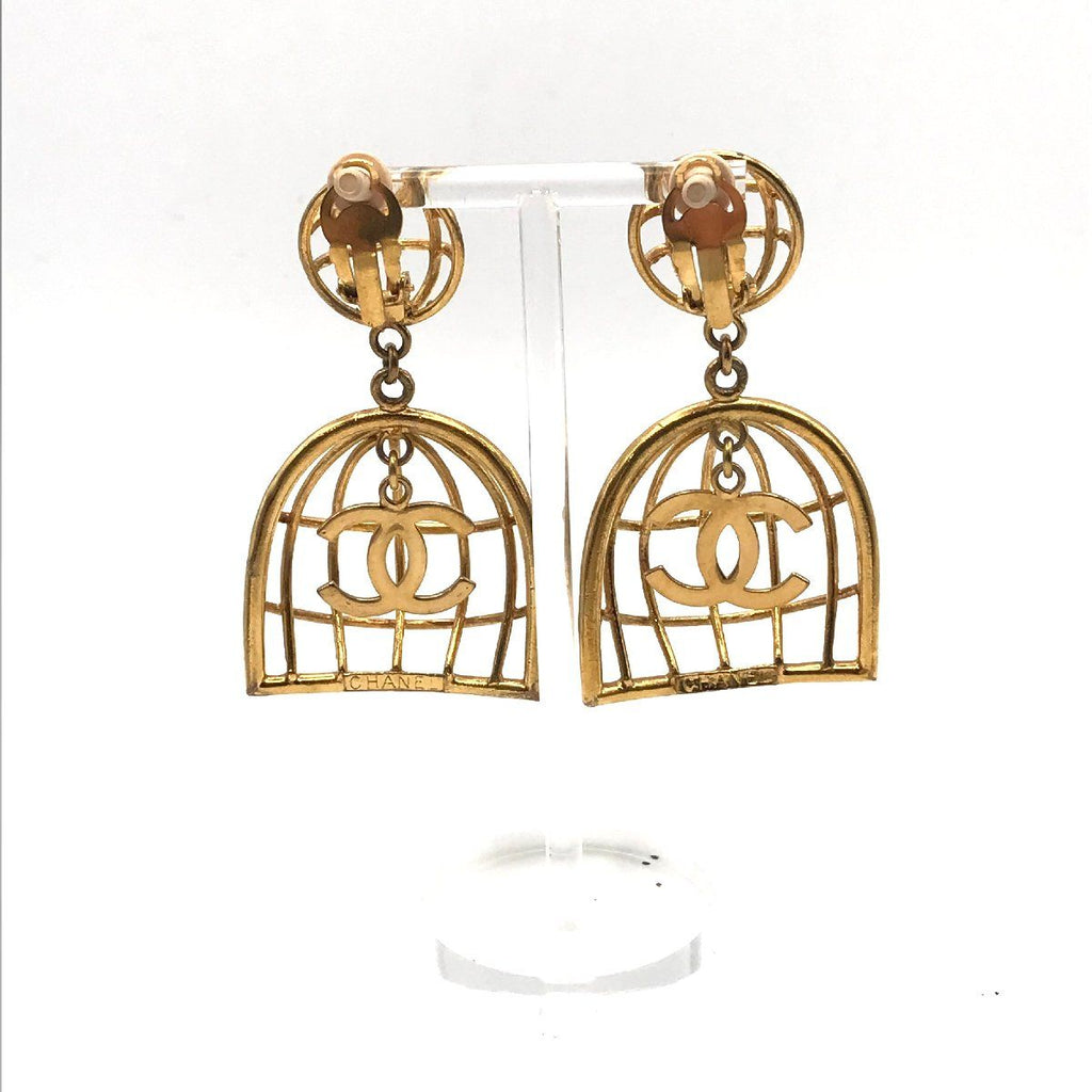 Chanel CC Logo Birdcage Vintage Swing Earrings 2 9 Gold — view 4