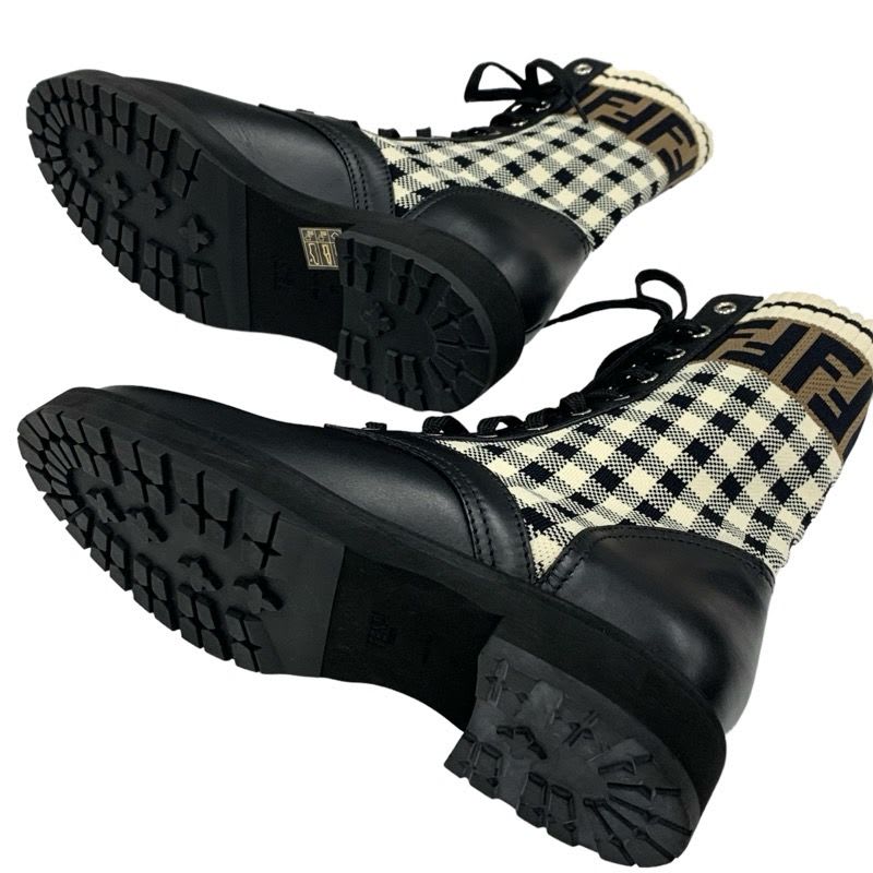 Fendi Rococo Boots Short Shoes Leather Fabric Black Ivory Brown Zucca — view 6