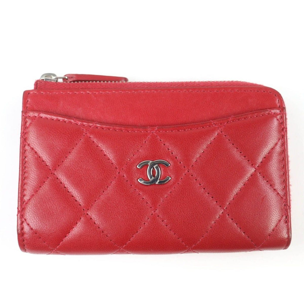 Chanel CC Logo Quilted Lambskin Fragment Case Coin Red Silver Handbag
