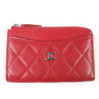 Chanel CC Logo Quilted Lambskin Fragment Case Coin Red Silver Handbag