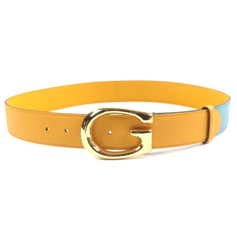 Gucci Memorable Buckle g Logo Bicolor Leather Belt Yellow Blue — view 4