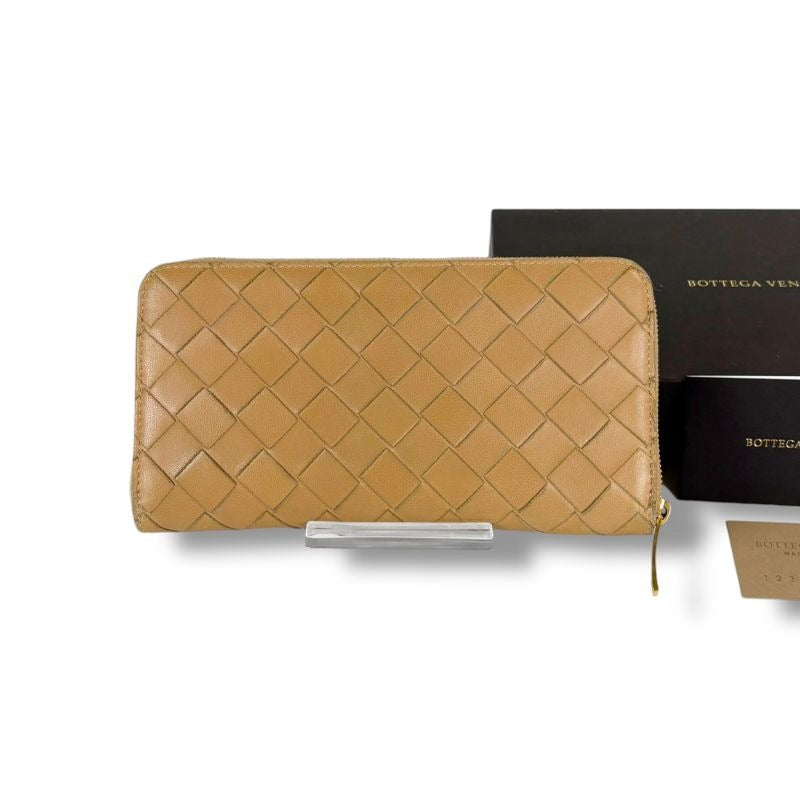 Bottega Veneta Round Zippy Long Wallet Beige Maxi Intrecciato Leather Zip