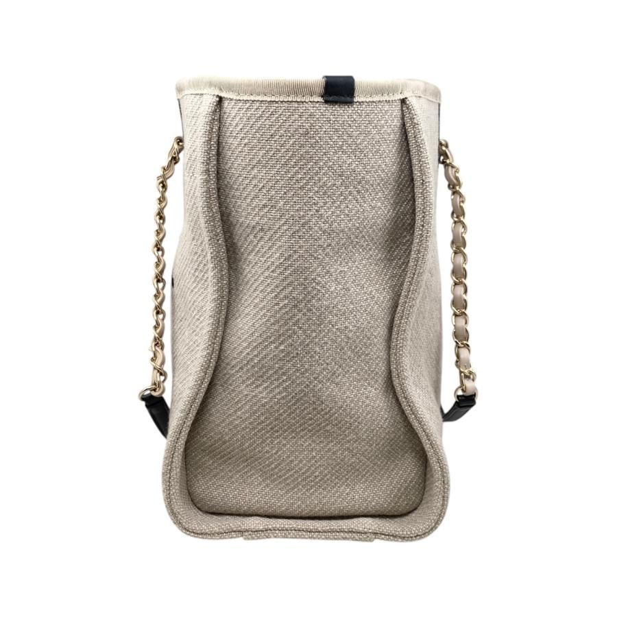 Chanel Tote Bag Deauville MM Canvas Chain Logo Beige Black Gold Hardware — view 3
