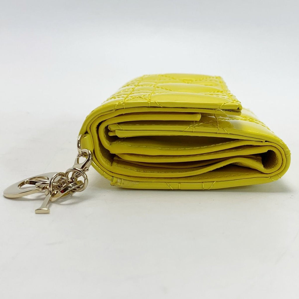 Christian Dior Patent Leather Cannage Charm Yellow Trifold Wallet — view 3