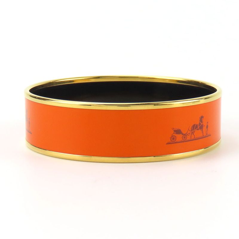 Hermes Bangle Emile GM Metal Cloisonne Orange Carved Gold Hardware Bracelet — view 4