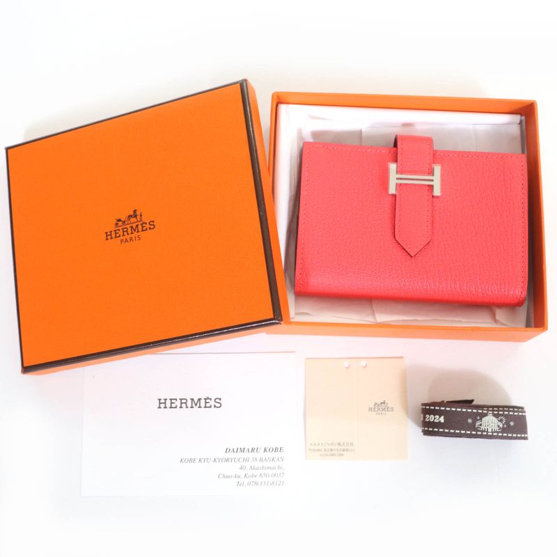 Hermes Bearn Mini Chevre Rose Texas Silver Hardware Wallet Fold — view 2
