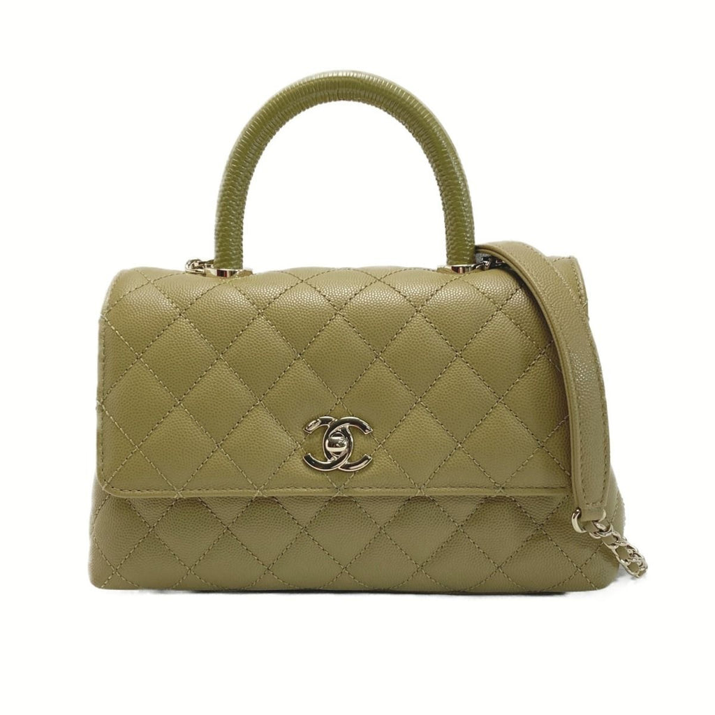 Chanel Quilted Coco Handle XS Handbag Olive Caviar Leather Chain