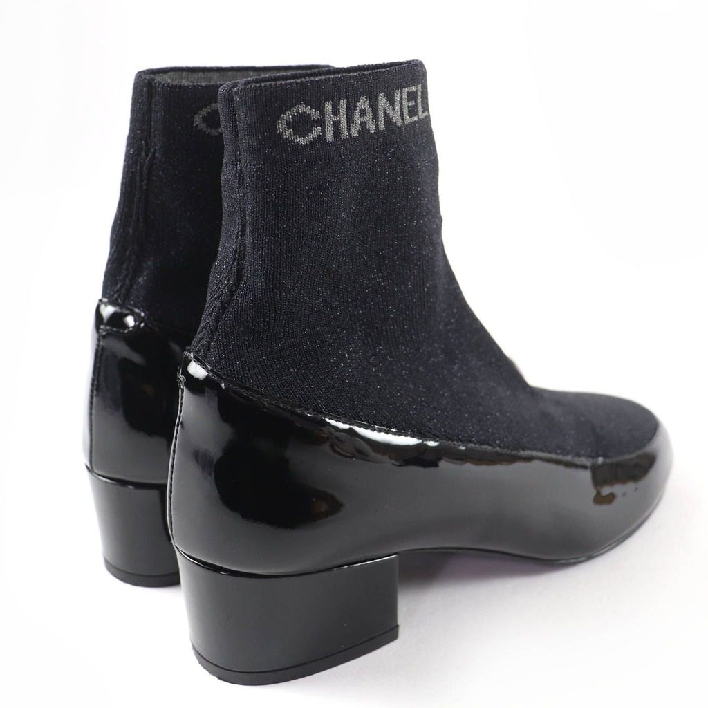 Chanel Patent Leather Logo Knit Socks Boots Ankle Black 34.5 — view 2
