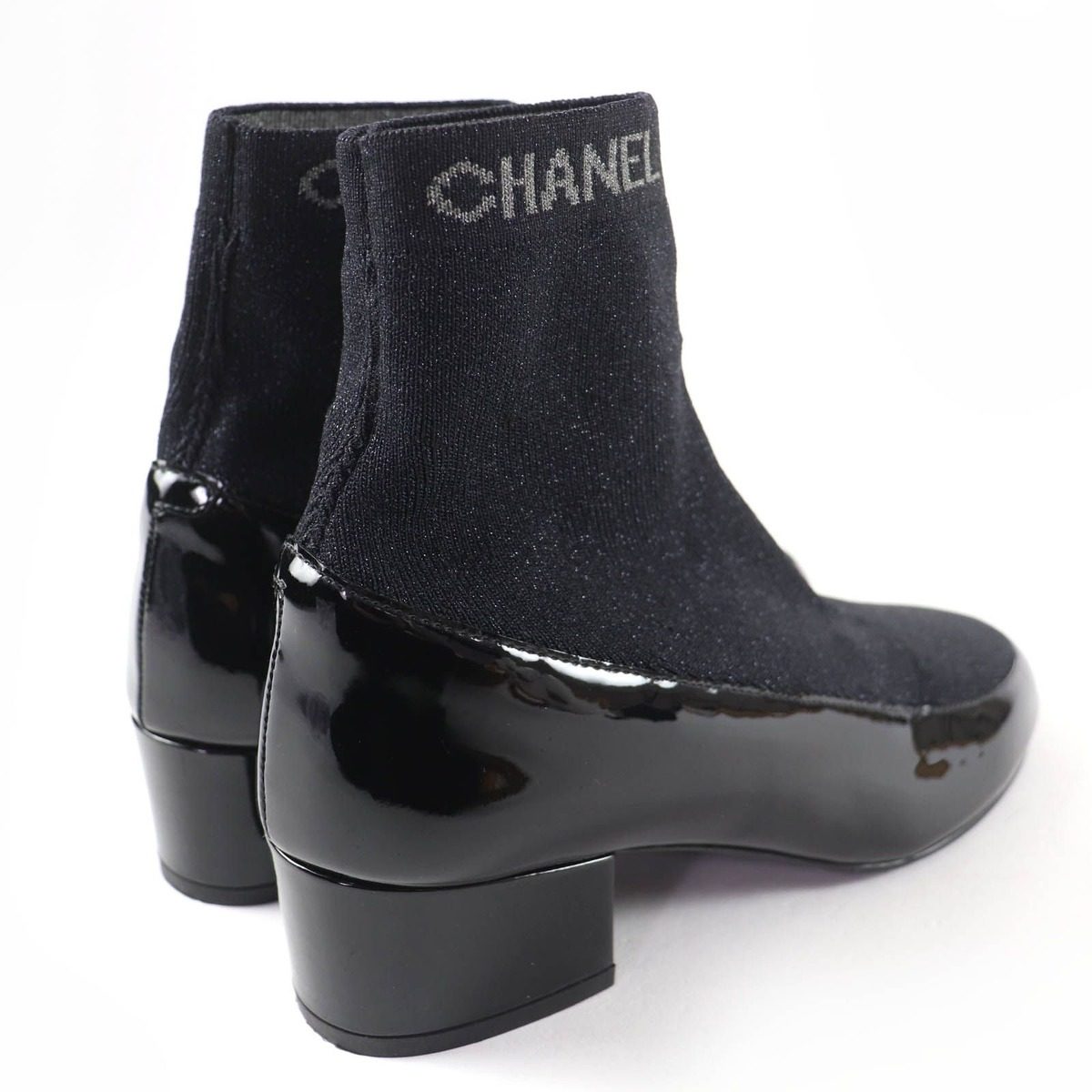 Chanel Patent Leather Logo Knit Socks Boots Ankle Black 34.5 — view 2