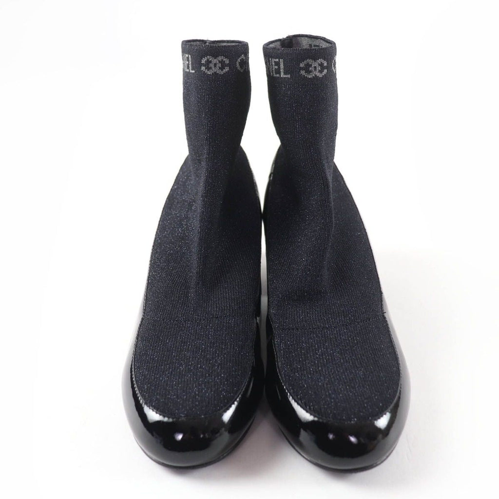 Chanel Patent Leather Logo Knit Socks Boots Ankle Black 34.5 — view 3