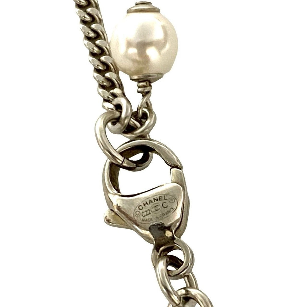 Chanel CC Logo Metal Rhinestone Faux Pearl Necklace — view 2