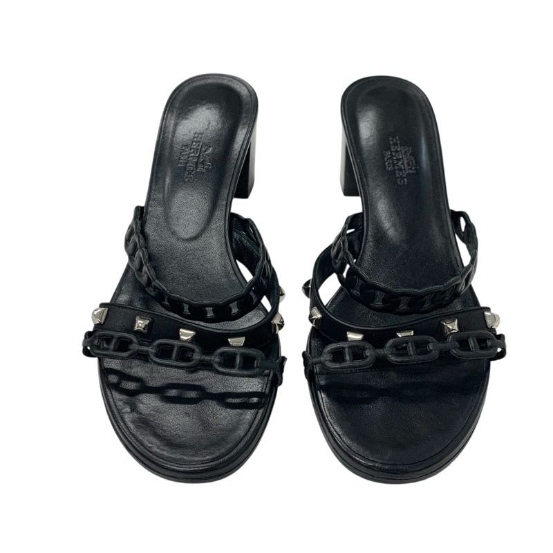 Hermes Aggaccio Sandals Shoes Leather Black Silver Chaine D'ancre Studded Mules — view 2