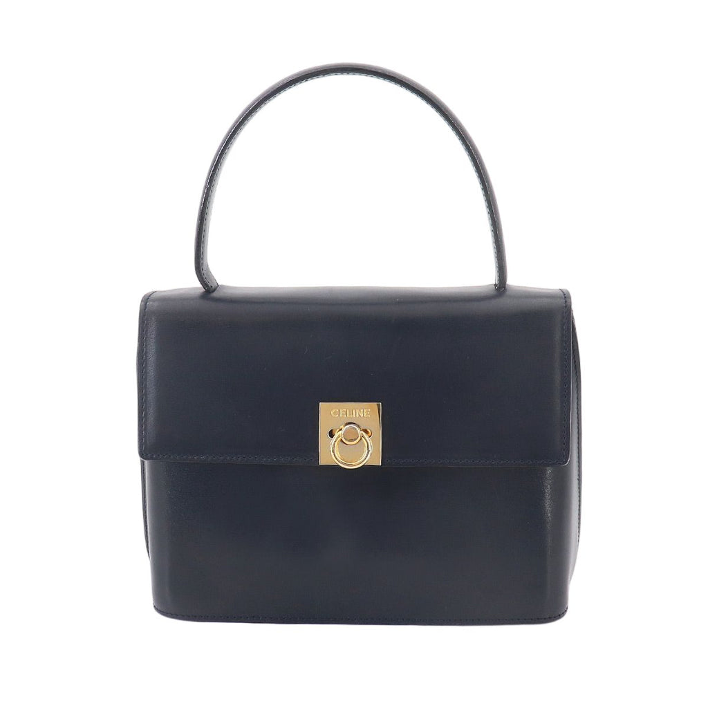 Celine Hand Bag Leather Navy Gold Vintage