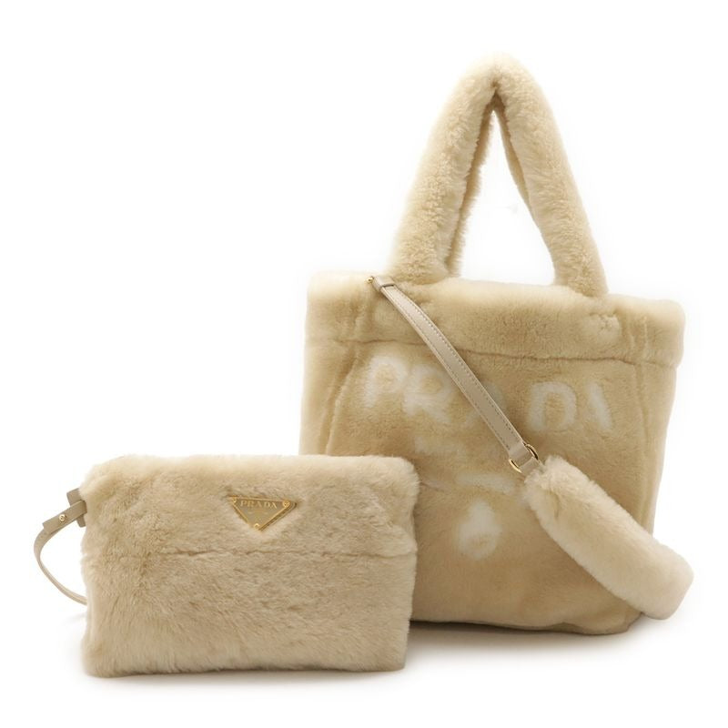 Prada Terry Spugna Logo Tote Bag 2-Way Shoulder Shearling Beige