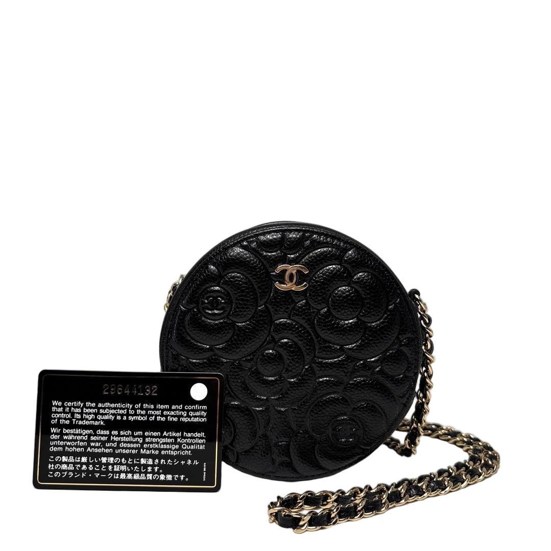 Chanel Caviar Leather Camellia Round Shoulder Bag Black