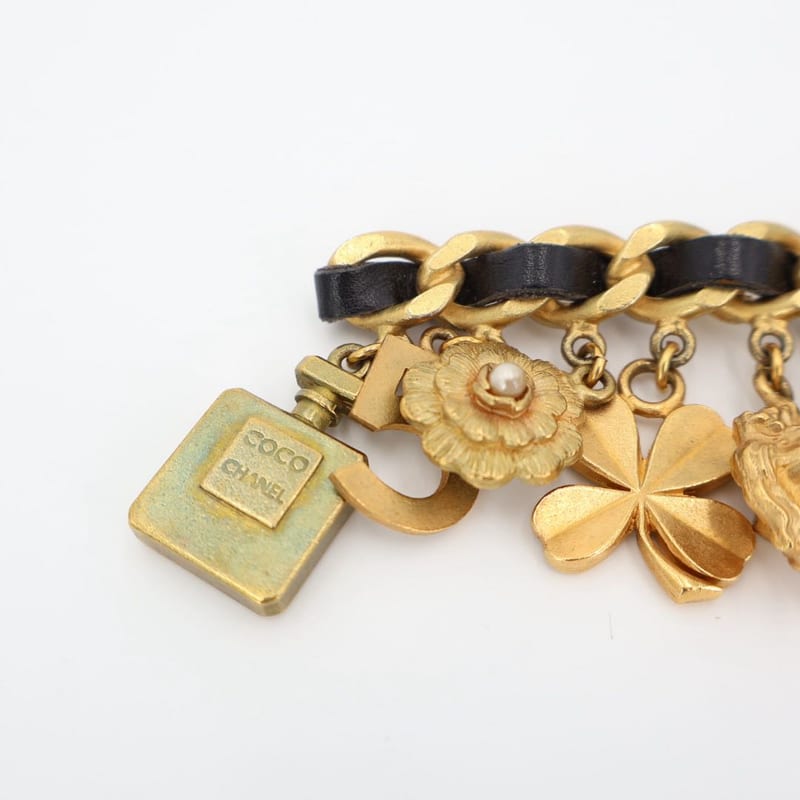 Chanel Vintage Quilted Coco Mark 8 Charm Chain Brooch Gold Black Plated — view 3