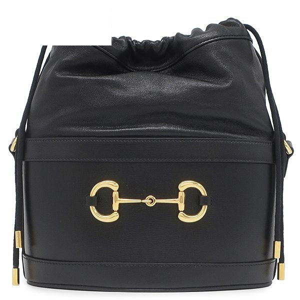 Gucci Shoulder Bag Horsebit Leather Black Gold Drawstring