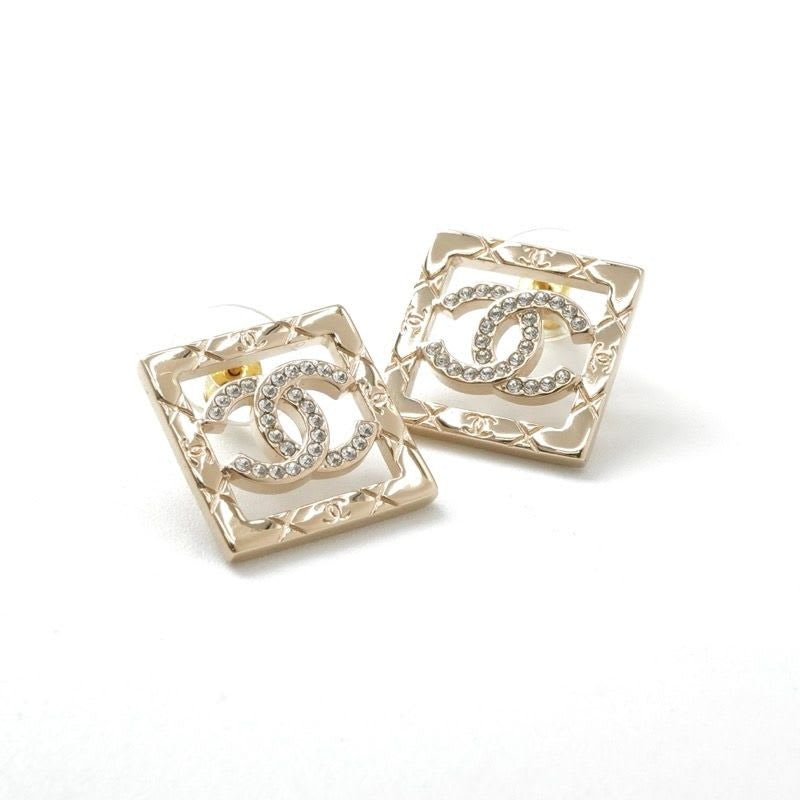 Chanel Earrings Gold Coco Mark Rhinestone Square — view 2