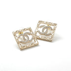 Chanel Earrings Gold Coco Mark Rhinestone Square