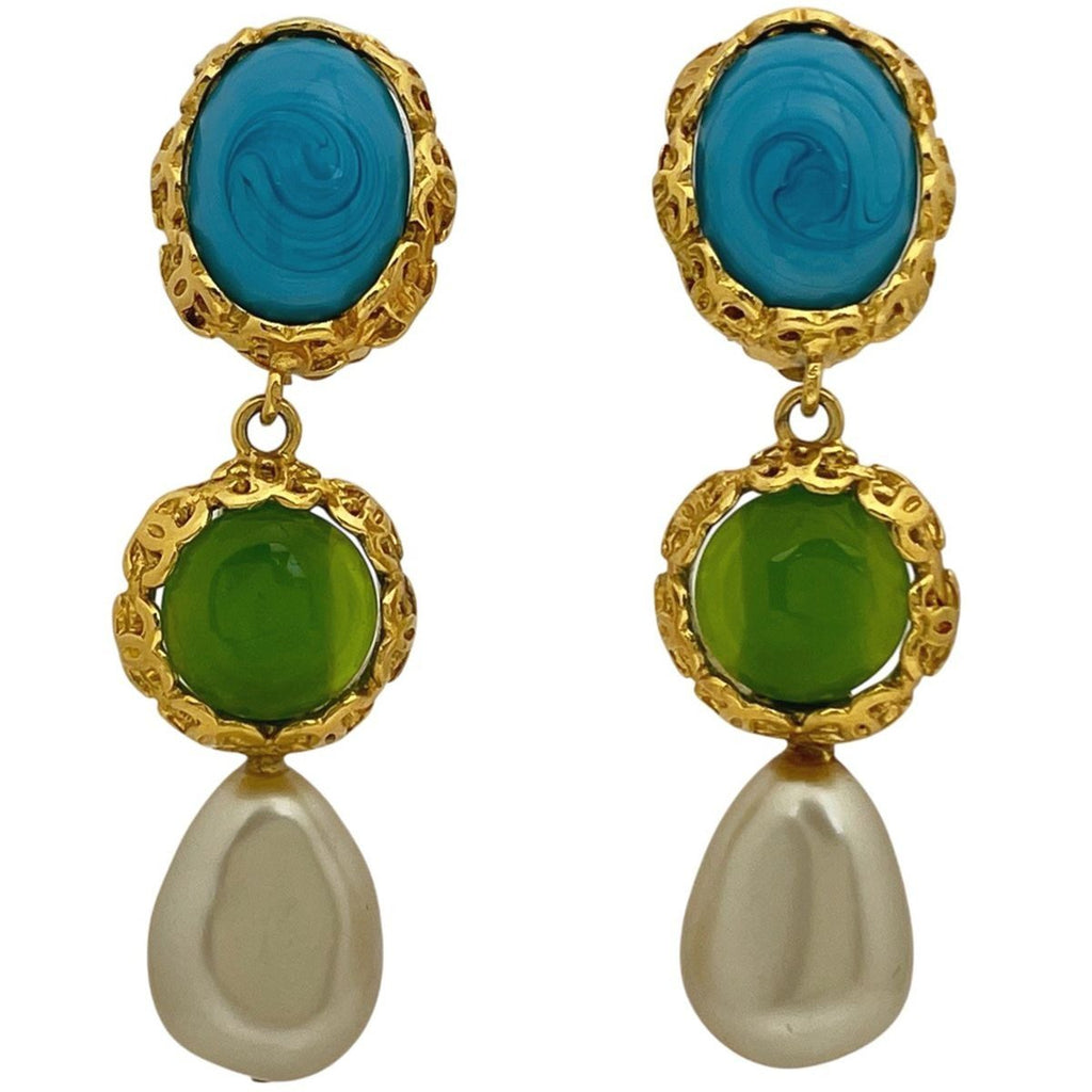Chanel Faux Pearl Earrings Gripoix Blue Green Gold