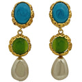 Chanel Faux Pearl Earrings Gripoix Blue Green Gold