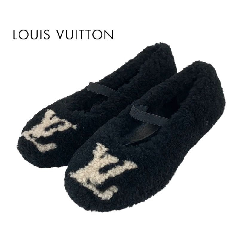 Louis Vuitton Poppy Line Flat Shoes Shearling Black Beige Ballet