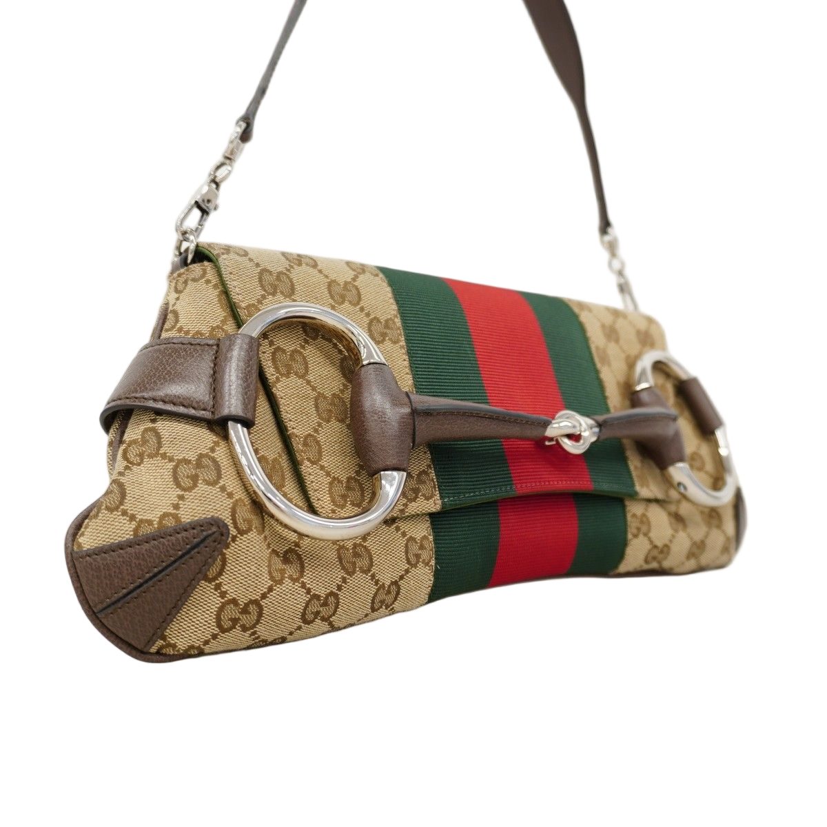 Gucci Shoulder Bag GG Canvas Sherry Line Horsebit Brown Silver — view 2