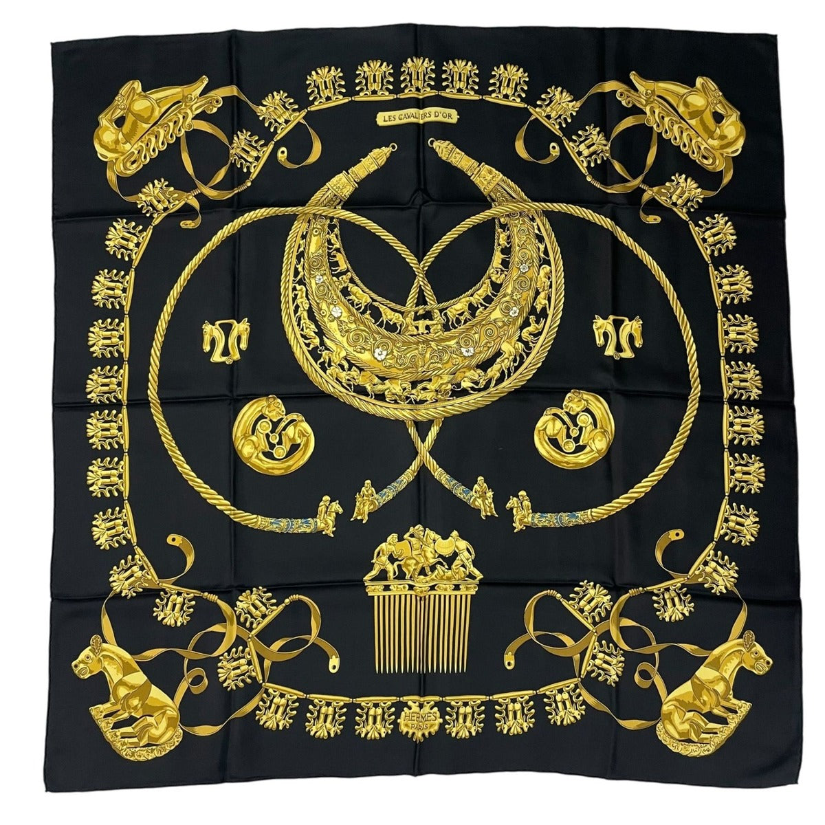 Hermes Scarf Silk Carre 90 les Cavaliers D'Or Golden Knight Black