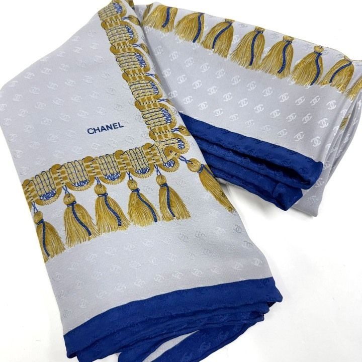 Chanel Scarf Fringe Pattern Silk Gray