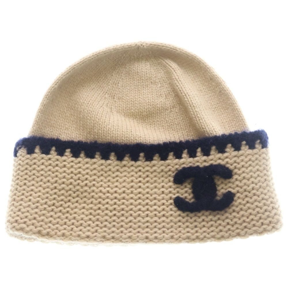 Chanel CC Logo Cashmere Silk Knit Hat Beige